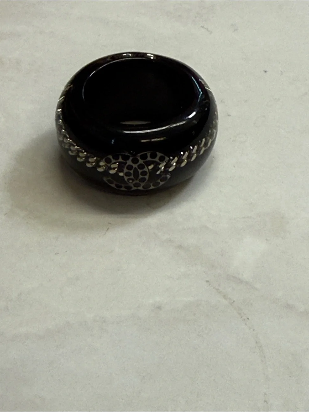 CHANEL Black Resin Dome Ring with Silver Motif